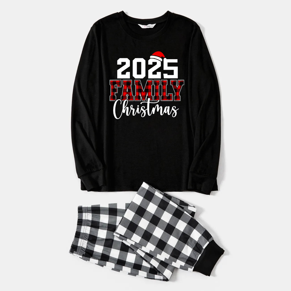 Chic und Stil | 2025 Family Christmas Text Print Black Long Sleeve Shirt with Black and White Plaid Pants Family Matching Pajamas