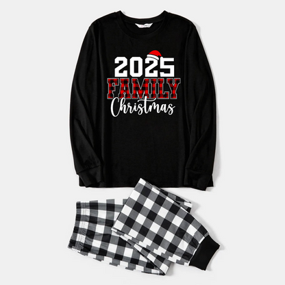 Chic und Stil | 2025 Family Christmas Text Print Black Long Sleeve Shirt with Black and White Plaid Pants Family Matching Pajamas