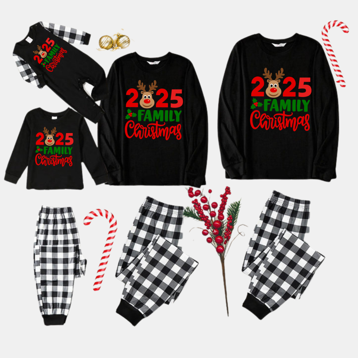 Chic und Stil | "2025 Family Christmas" Moose Letter Print Black Long Sleeve Top with Black and White Checkered Pants Family Matching Pajamas
