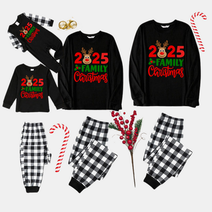 Chic und Stil | "2025 Family Christmas" Moose Letter Print Black Long Sleeve Top with Black and White Checkered Pants Family Matching Pajamas