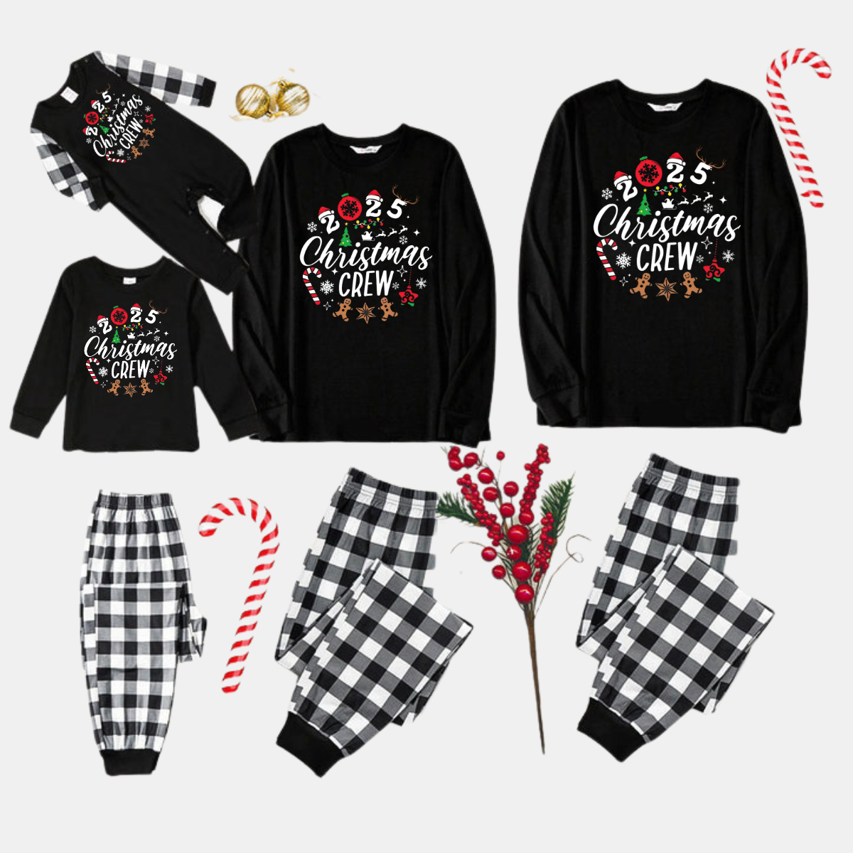 Chic und Stil | 2025 Christmas Crew Creating Memories Text Print Black Long Sleeve Shirt with Black and White Checkered Pants Family Matching Pajamas