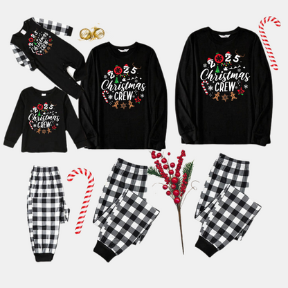 Chic und Stil | 2025 Christmas Crew Creating Memories Text Print Black Long Sleeve Shirt with Black and White Checkered Pants Family Matching Pajamas