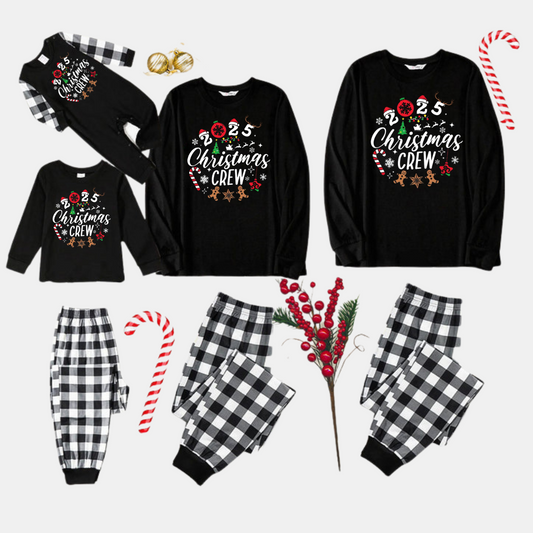 Chic und Stil | 2025 Christmas Crew Creating Memories Text Print Black Long Sleeve Shirt with Black and White Checkered Pants Family Matching Pajamas