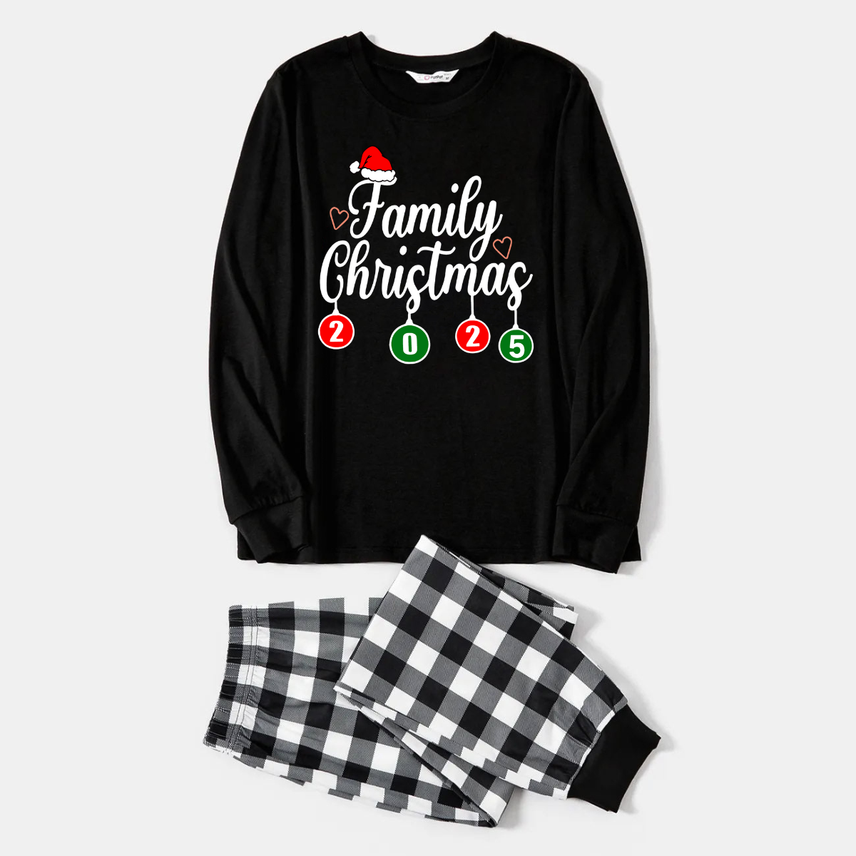 Chic und Stil | "Family Christmas" 2025 Black Long Sleeve Top with Black and White Checkered Pants Family Matching Pajamas