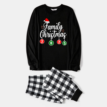 Chic und Stil | "Family Christmas" 2025 Black Long Sleeve Top with Black and White Checkered Pants Family Matching Pajamas