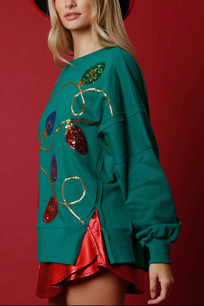 Chic und Stil | Christmas Lights Sequin Slit Pullover Sweatshirt