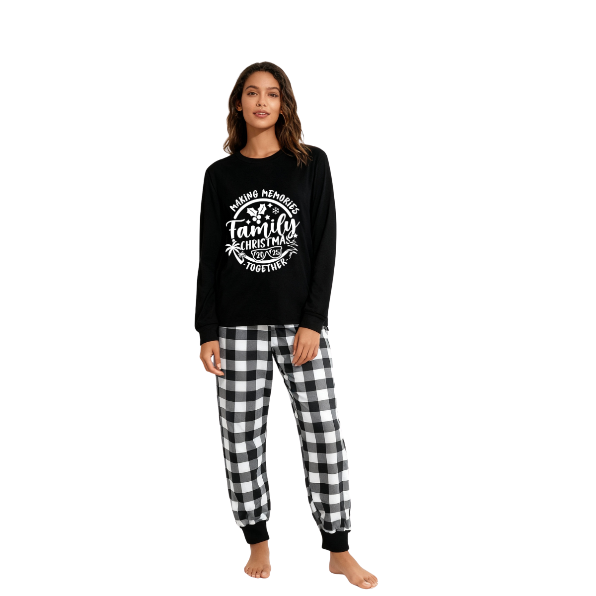 Chic und Stil | Christmas Memories Together 2025 Print Black Long Sleeve Top with Black and White Checkered Pants Family Matching Pajamas
