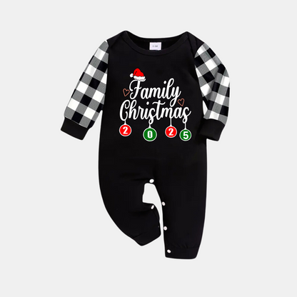 Chic und Stil | "Family Christmas" 2025 Black Long Sleeve Top with Black and White Checkered Pants Family Matching Pajamas