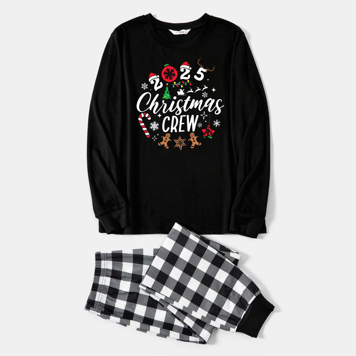 Chic und Stil | 2025 Christmas Crew Creating Memories Text Print Black Long Sleeve Shirt with Black and White Checkered Pants Family Matching Pajamas