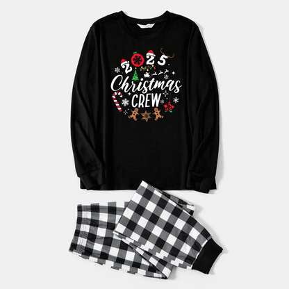 Chic und Stil | 2025 Christmas Crew Creating Memories Text Print Black Long Sleeve Shirt with Black and White Checkered Pants Family Matching Pajamas