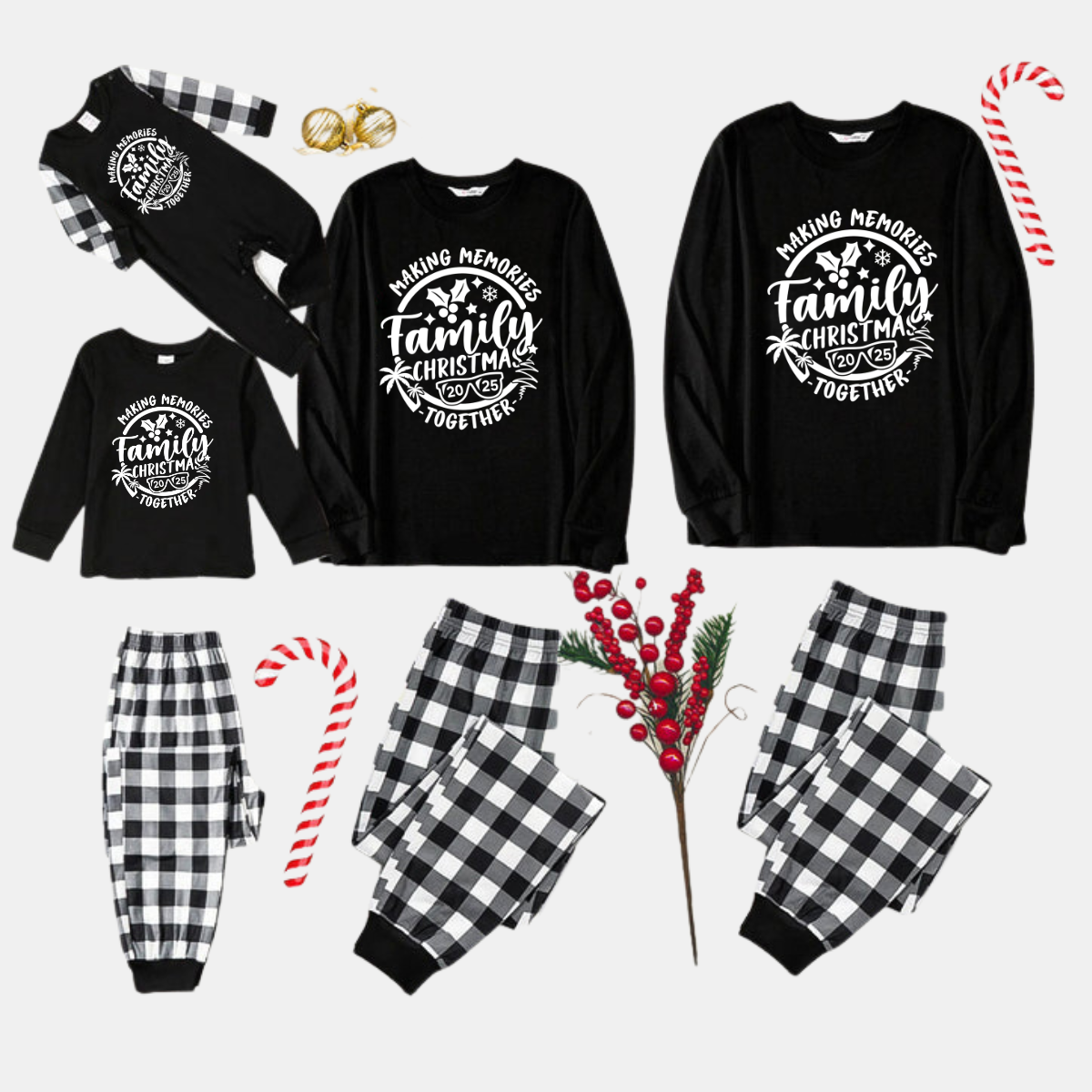 Chic und Stil | Christmas Memories Together 2025 Print Black Long Sleeve Top with Black and White Checkered Pants Family Matching Pajamas