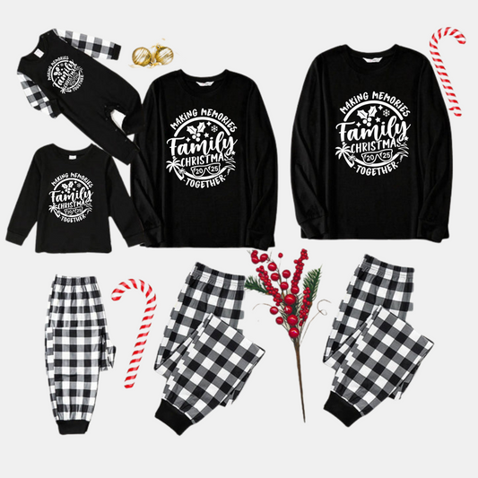 Chic und Stil | Christmas Memories Together 2025 Print Black Long Sleeve Top with Black and White Checkered Pants Family Matching Pajamas