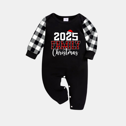 Chic und Stil | 2025 Family Christmas Text Print Black Long Sleeve Shirt with Black and White Plaid Pants Family Matching Pajamas