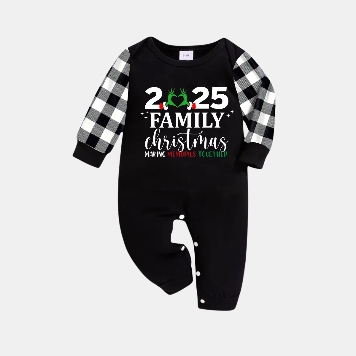 Chic und Stil | Black long-sleeve T-shirt "2025 Family Christmas" with original heart-shaped letter print and black and white checkered pants Matching family pajamas