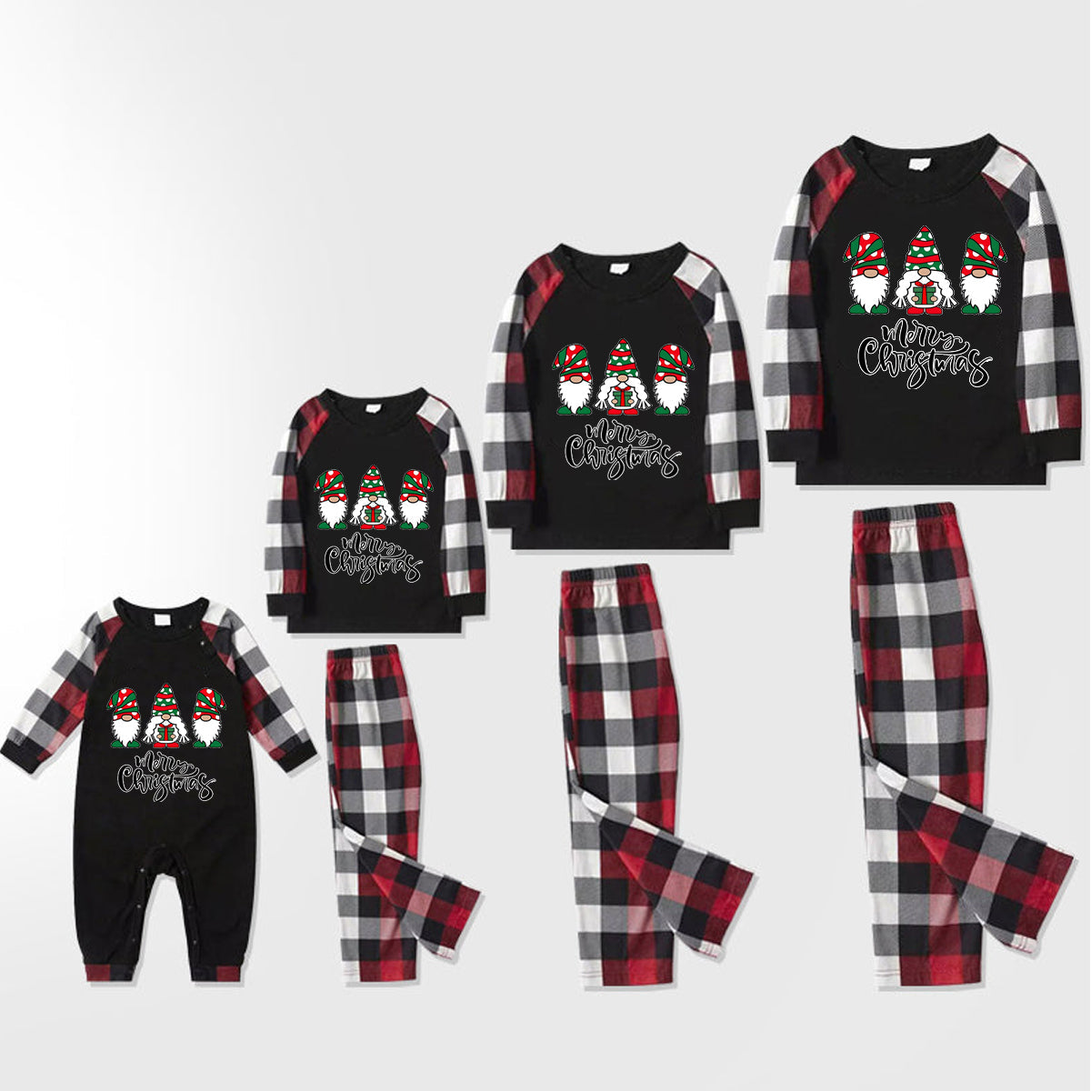 Chic und Stil | Merry Christmas Sweet Gnome Print Casual Long Sleeve Sweatshirts Contrast Tops and Red & Black & White Checked Pants Matching Family Pajama Set with Dog Bandana