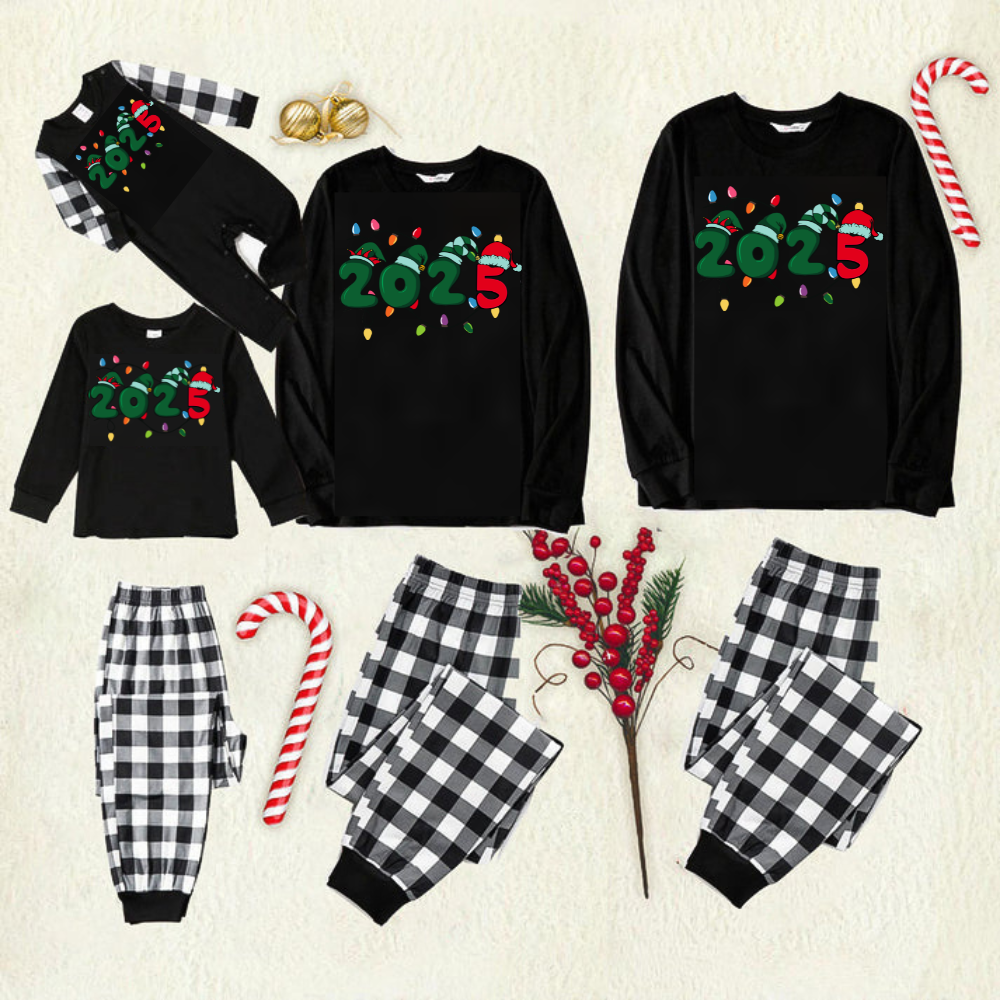 Chic und Stil | Christmas "2025" black long sleeve t-shirt with letter print and black and white checkered pants Matching family pajamas