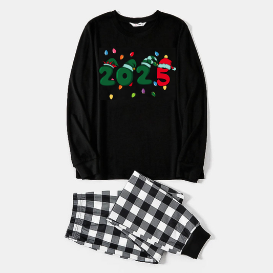 Chic und Stil | Christmas "2025" black long sleeve t-shirt with letter print and black and white checkered pants Matching family pajamas