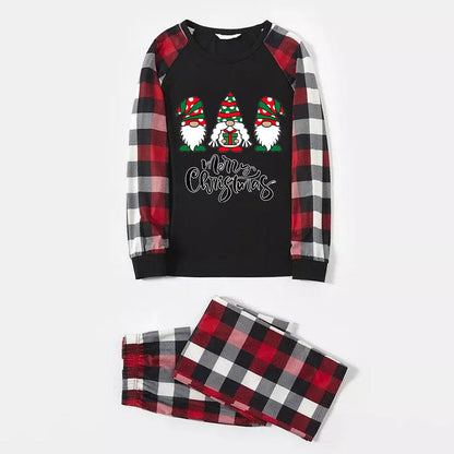 Chic und Stil | Merry Christmas Sweet Gnome Print Casual Long Sleeve Sweatshirts Contrast Tops and Red & Black & White Checked Pants Matching Family Pajama Set with Dog Bandana