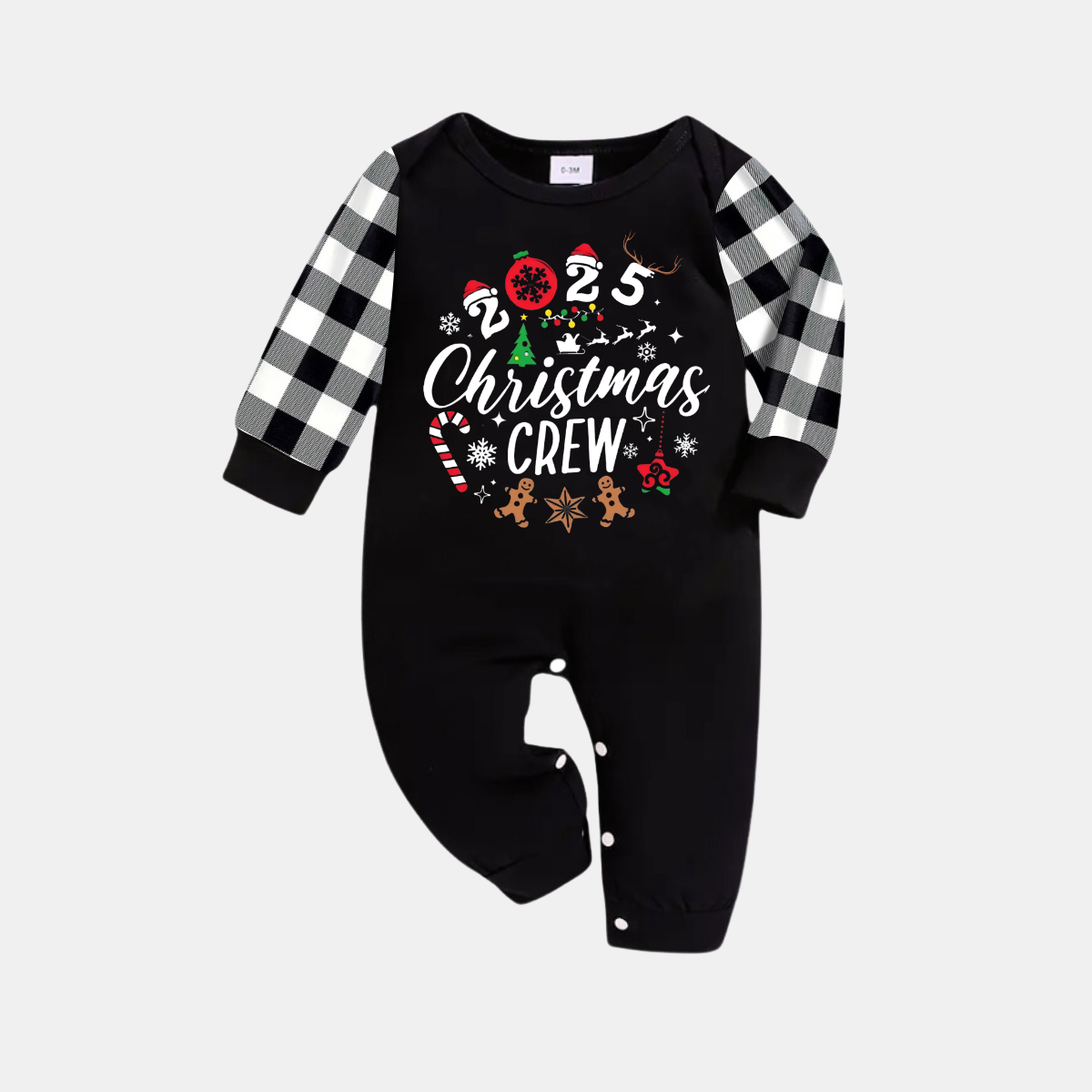 Chic und Stil | 2025 Christmas Crew Creating Memories Text Print Black Long Sleeve Shirt with Black and White Checkered Pants Family Matching Pajamas