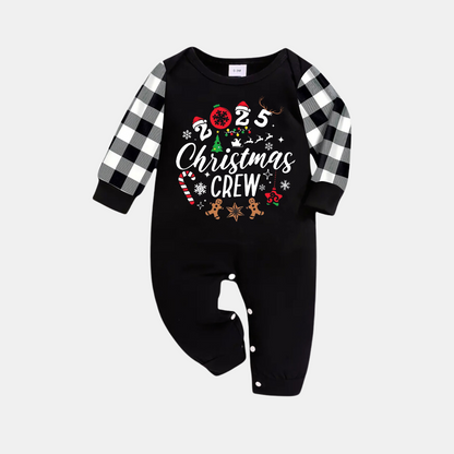 Chic und Stil | 2025 Christmas Crew Creating Memories Text Print Black Long Sleeve Shirt with Black and White Checkered Pants Family Matching Pajamas