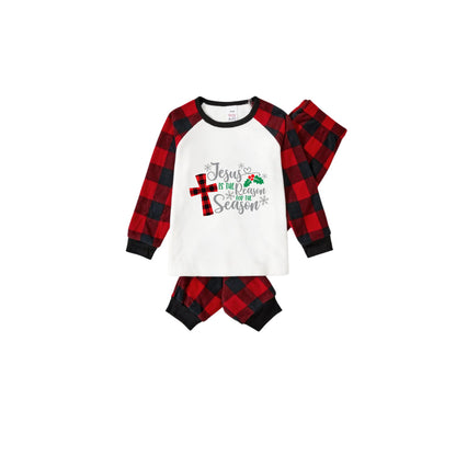 Chic und Stil | Christmas "Jesus is the reason for the season" Letter print pattern White Long sleeve with Black & Red Checked Pants Family matching Pajamas