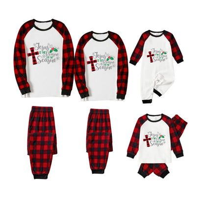 Chic und Stil | Christmas "Jesus is the reason for the season" Letter print pattern White Long sleeve with Black & Red Checked Pants Family matching Pajamas