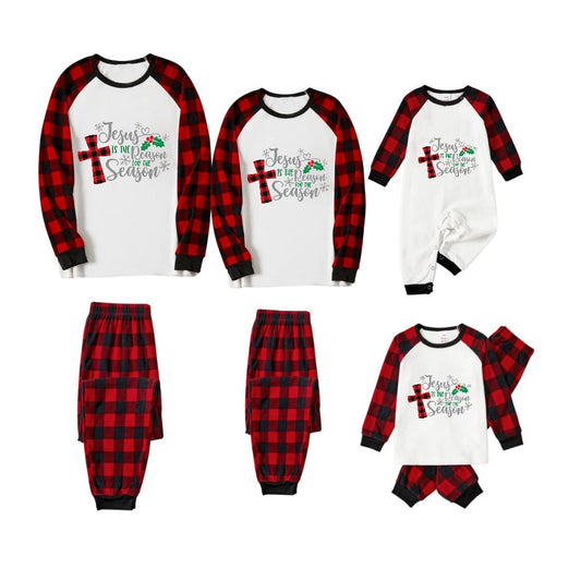Chic und Stil | Christmas "Jesus is the reason for the season" Letter print pattern White Long sleeve with Black & Red Checked Pants Family matching Pajamas