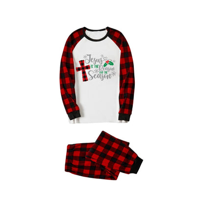 Chic und Stil | Christmas "Jesus is the reason for the season" Letter print pattern White Long sleeve with Black & Red Checked Pants Family matching Pajamas