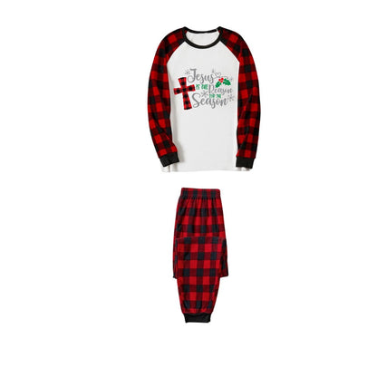Chic und Stil | Christmas "Jesus is the reason for the season" Letter print pattern White Long sleeve with Black & Red Checked Pants Family matching Pajamas