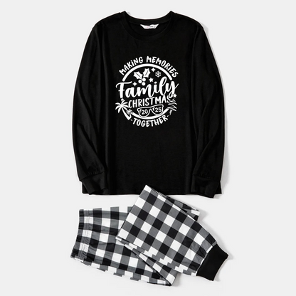 Chic und Stil | Christmas Memories Together 2025 Print Black Long Sleeve Top with Black and White Checkered Pants Family Matching Pajamas