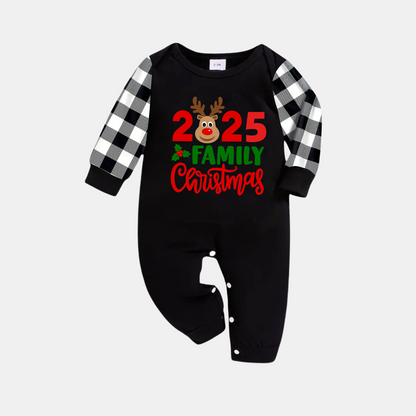 Chic und Stil | "2025 Family Christmas" Moose Letter Print Black Long Sleeve Top with Black and White Checkered Pants Family Matching Pajamas