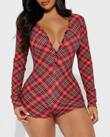 Chic und Stil | Christmas check pattern V-neck long sleeve romper shorts