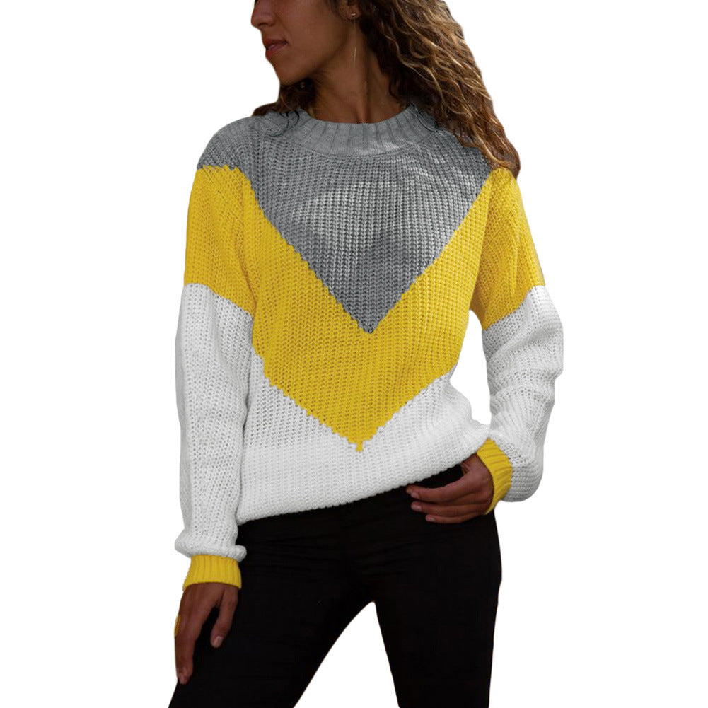 Pull femme en tricot épais avec un décolleté en V moderne et un design à blocs de couleur Chic und Stil