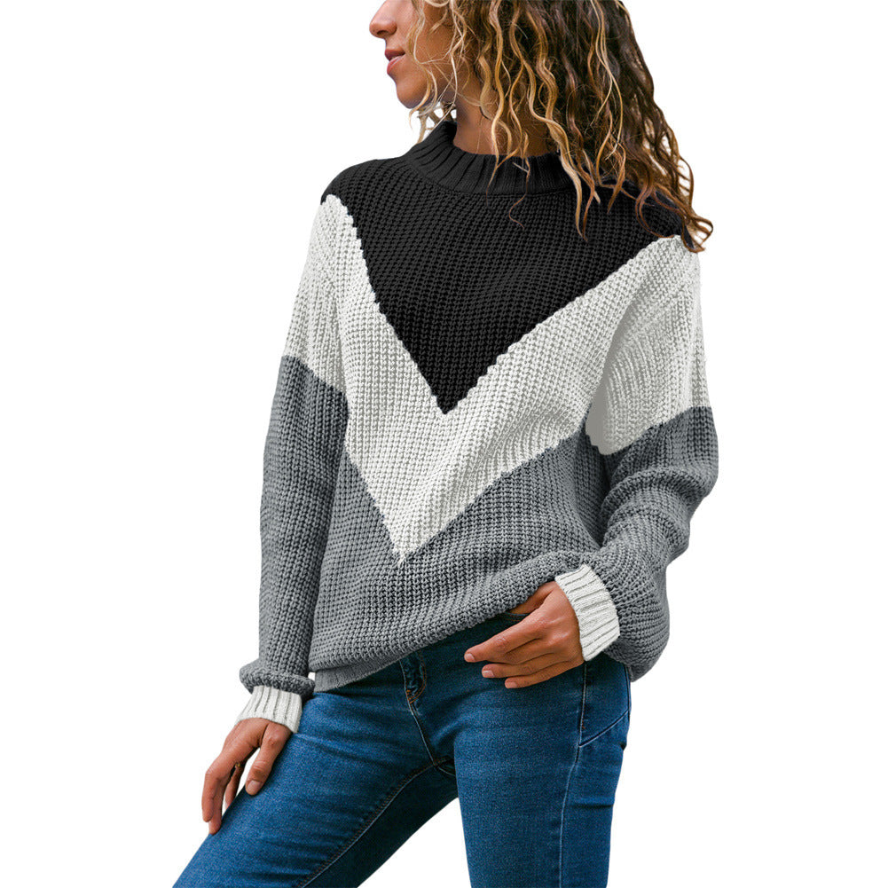 Pull femme en tricot épais avec un décolleté en V moderne et un design à blocs de couleur Chic und Stil