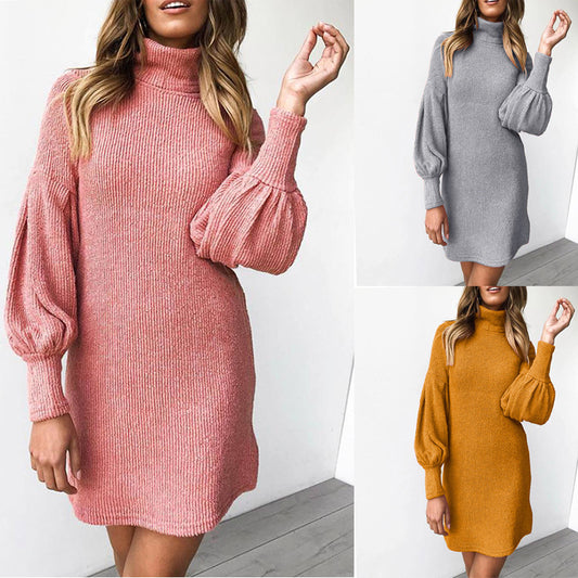 Robe en tricot en matériau moelleux pour femmes avec col montant et manches bouffantes Chic und Stil