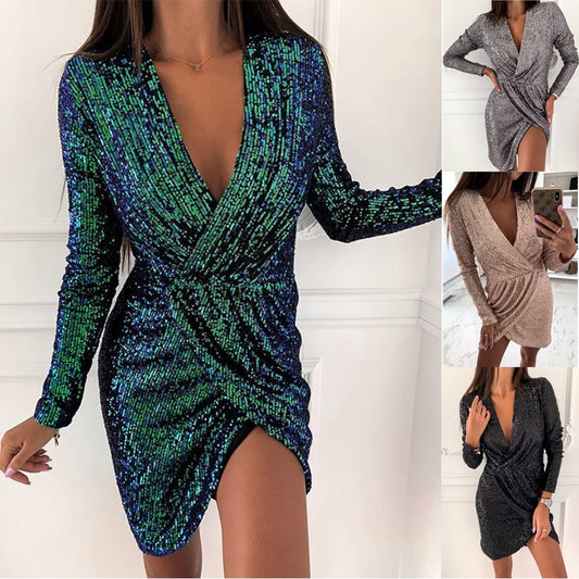 Robe de cocktail brillante pour femmes avec décolleté en V et manches longues Chic und Stil