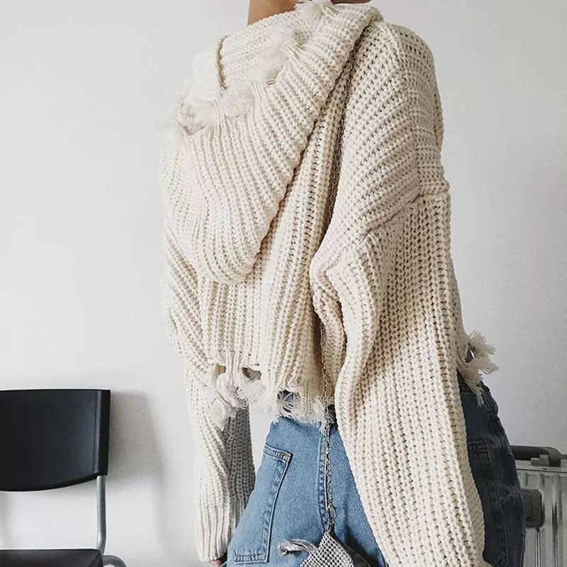 Dames Grand pull à capuche en tricot avec fermeture éclair et franges Chic und Stil