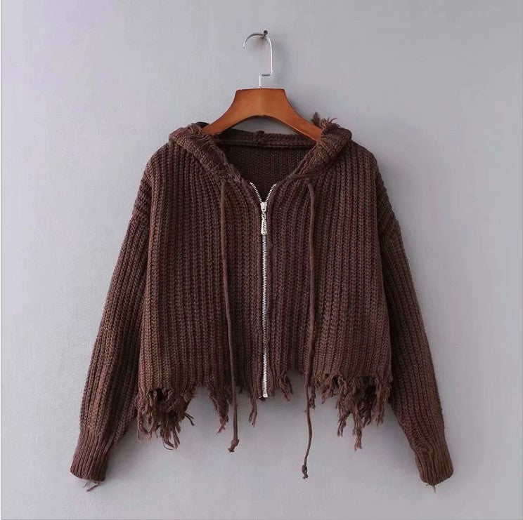 Dames Grand pull à capuche en tricot avec fermeture éclair et franges Chic und Stil