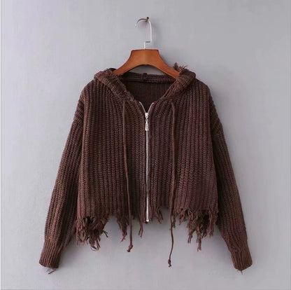 Dames Grand pull à capuche en tricot avec fermeture éclair et franges Chic und Stil