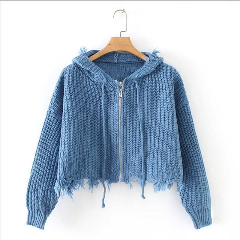 Dames Grand pull à capuche en tricot avec fermeture éclair et franges Chic und Stil