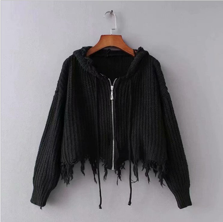 Dames Grand pull à capuche en tricot avec fermeture éclair et franges Chic und Stil