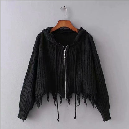 Dames Grand pull à capuche en tricot avec fermeture éclair et franges Chic und Stil