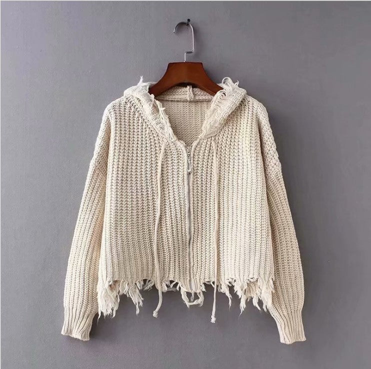 Dames Grand pull à capuche en tricot avec fermeture éclair et franges Chic und Stil