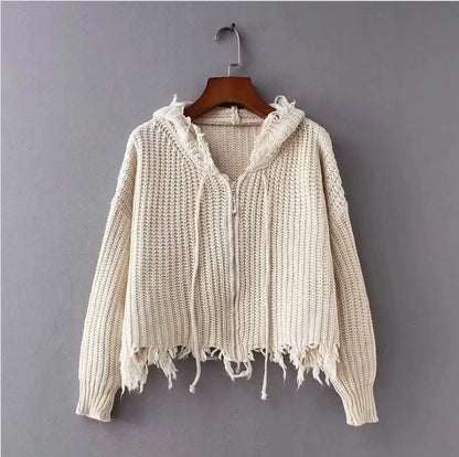 Dames Grand pull à capuche en tricot avec fermeture éclair et franges Chic und Stil