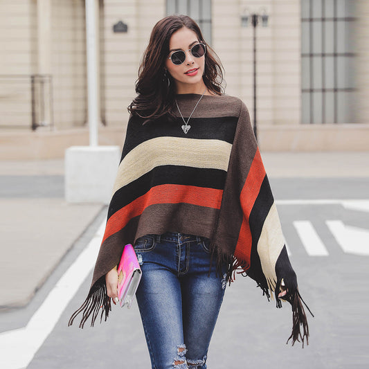 Dame poncho avec franges et motif rayé moderne Chic und Stil