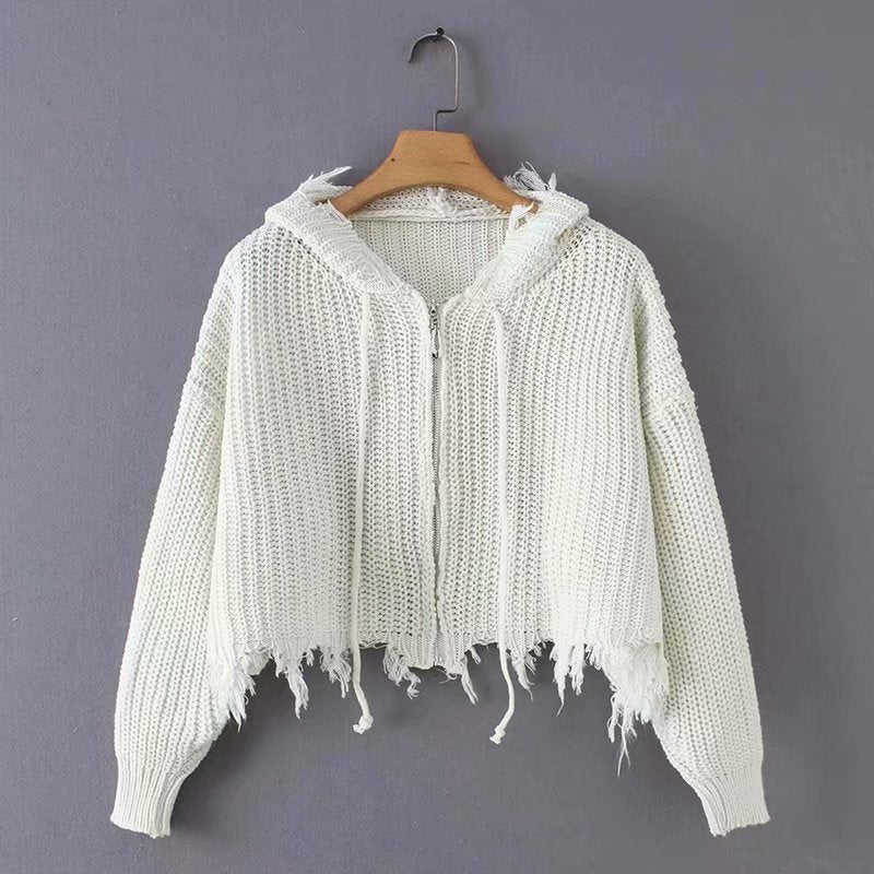 Dames Grand pull à capuche en tricot avec fermeture éclair et franges Chic und Stil