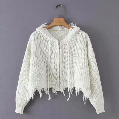 Dames Grand pull à capuche en tricot avec fermeture éclair et franges Chic und Stil