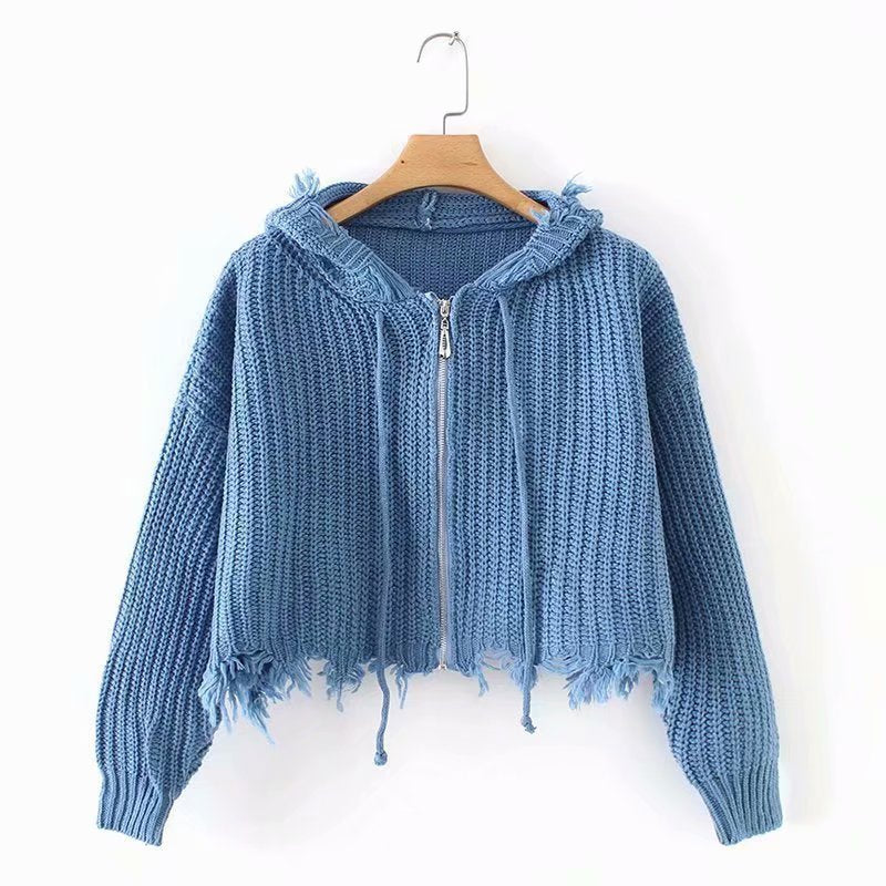 Dames Grand pull à capuche en tricot avec fermeture éclair et franges Chic und Stil
