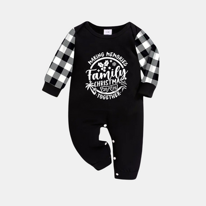 Chic und Stil | Christmas Memories Together 2025 Print Black Long Sleeve Top with Black and White Checkered Pants Family Matching Pajamas