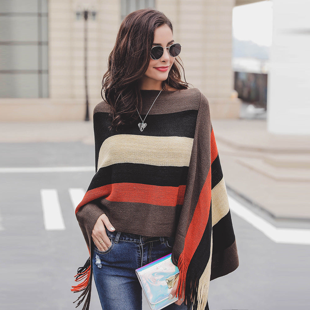Dame poncho avec franges et motif rayé moderne Chic und Stil